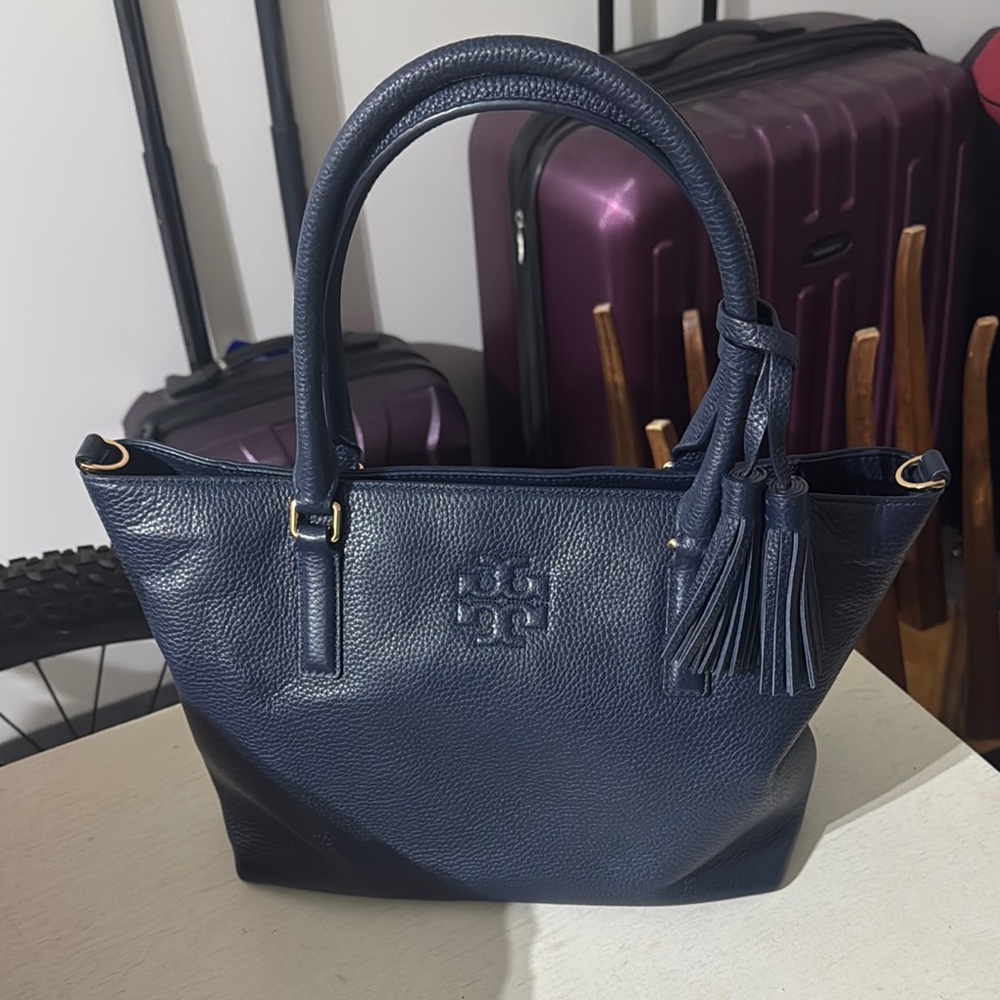 Tory Burch Navy Blue Leather Tote Bag
